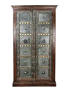 Naresh Art @ Handicraft Solid Wooden Antique Wardrobe | Almirah with Brass Sheet for Bedroom & Home, Brown Finish, (44.5 x 100.3 x 185.4 CM)