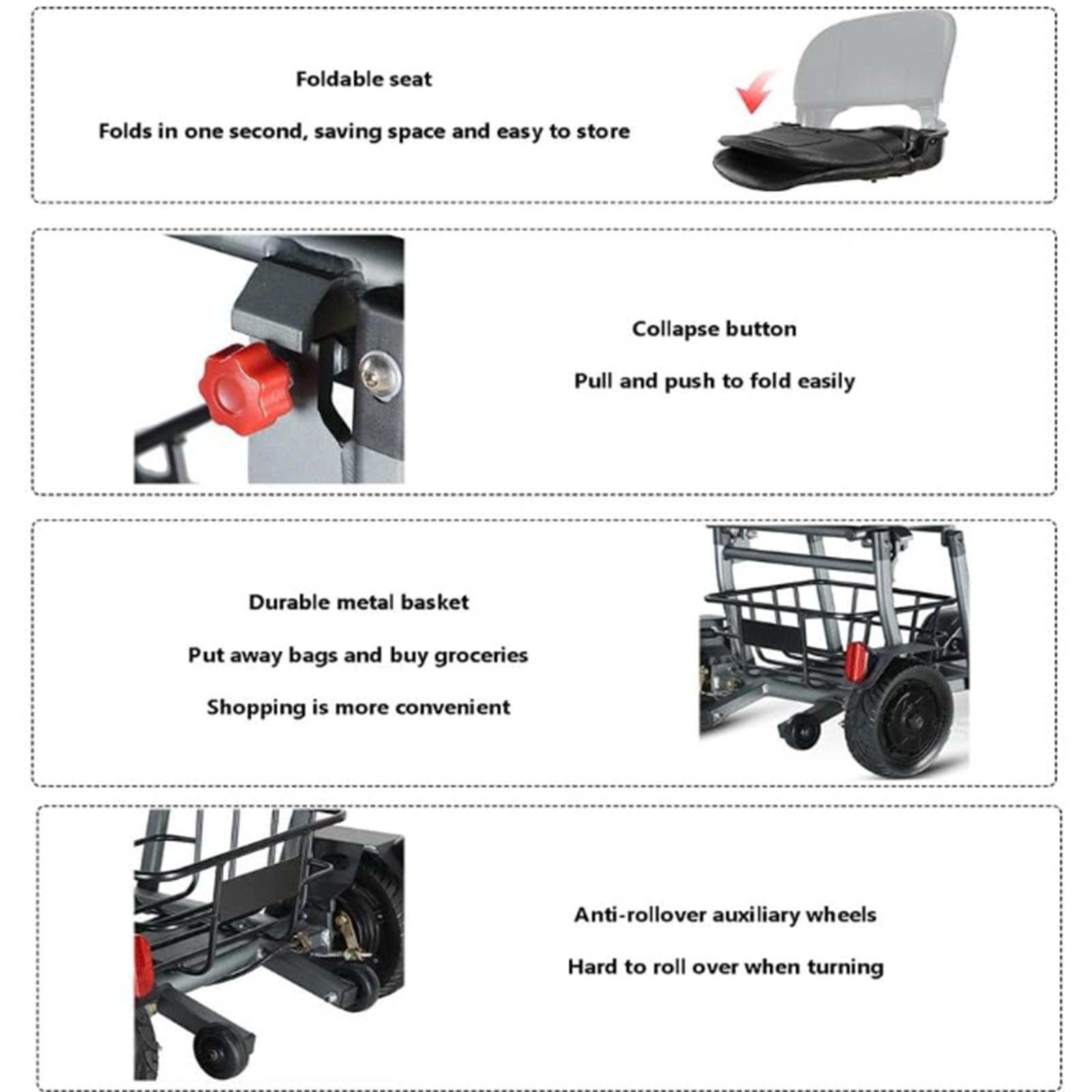 BCBKD Scooter De Movilidad Plegable,Scooter De 4 Ruedas, Scooter De Viaje Portátil, para Inválidos Y Mayores - Batería De Larga Duración, con Asiento Y Cesta