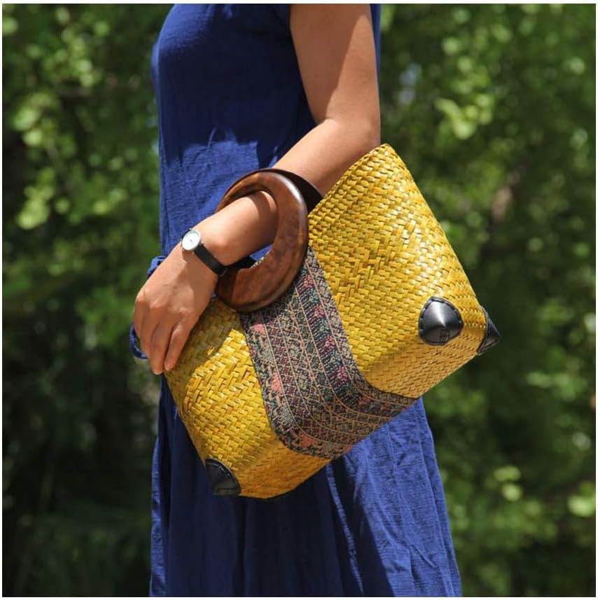 Women Summer Retro Straw Bag with Printing Pattern Hand-woven Beach Handbag Top Round Handle Boho Tote Bag Shopping Travel Large Bag (Yellow 2)