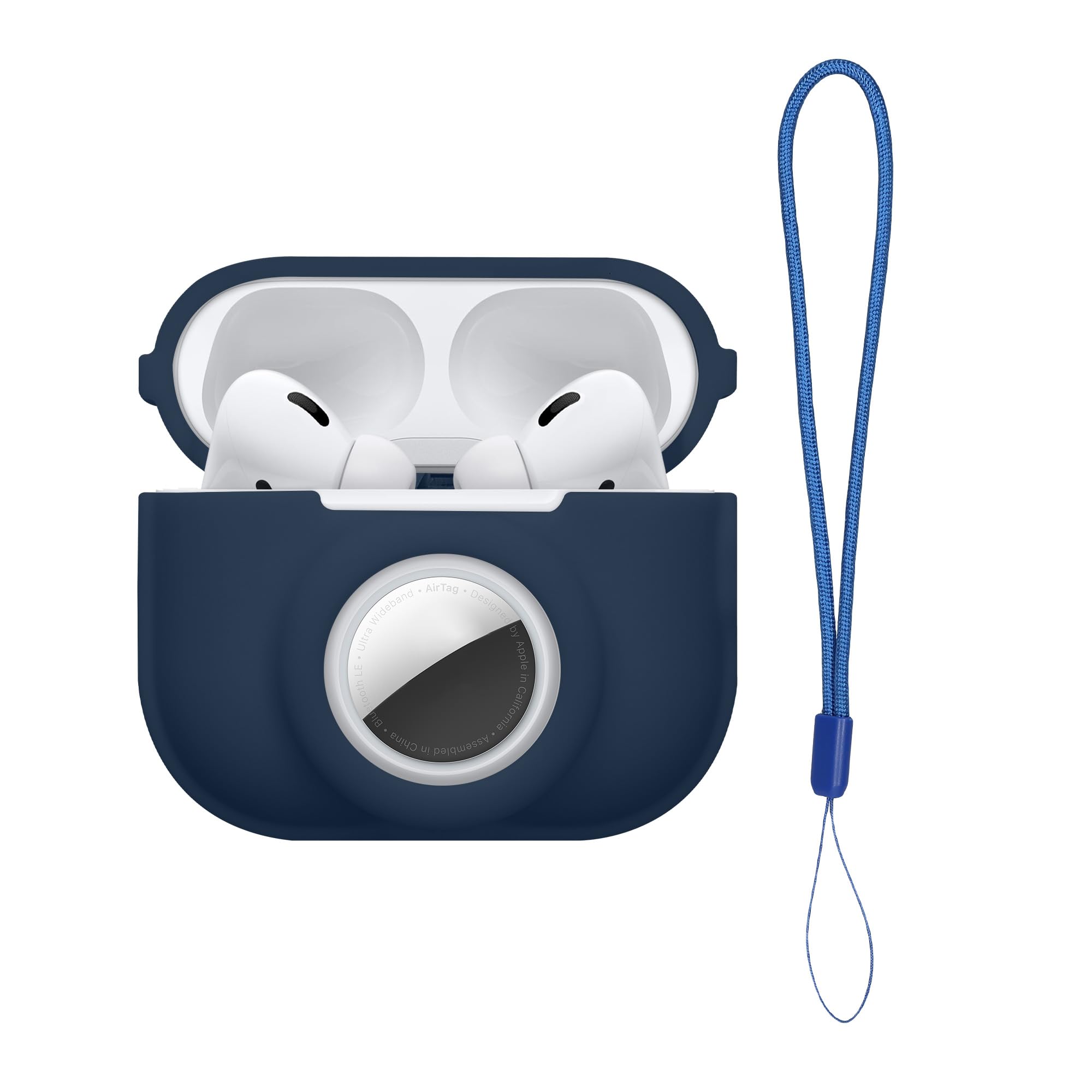 kwmobile Case Compatible with Apple Airpods Pro 2 - Silicone Cover Compatible with AirTag - Storage with Carabiner - Dark Blue