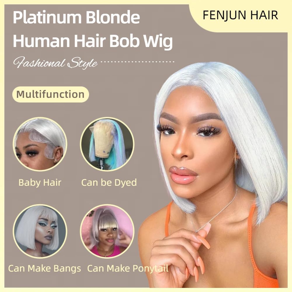 #60 Grey White Platinum Blonde Human Hair Glueless Wigs HD Transparent Lace Frontal Short Bob with Baby Hair Pre plucked Frontal 10'' Straight Ash Blonde Wigs for Women Free Parting