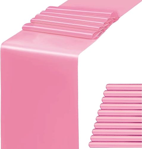 Camino de mesa rosa satinado de 12 x 108 pulgadas, paquete de 10 caminos de mesa largos para fiestas, bodas, cumpleaños, aniversarios, decoraciones