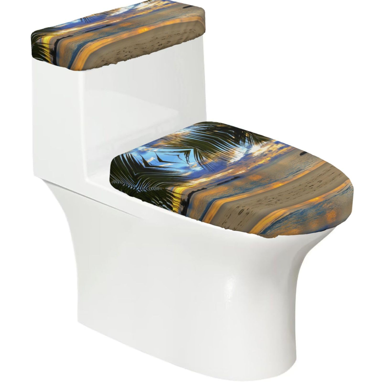 Wzycwb Black Rumbling Ocean Palm Trees 2-Piece Toilet Seat Cover Set With Tank Lid, Elastic Fit For U-Shape & Elongated Toilets, Bathroom Decor, Housewarming Gift
