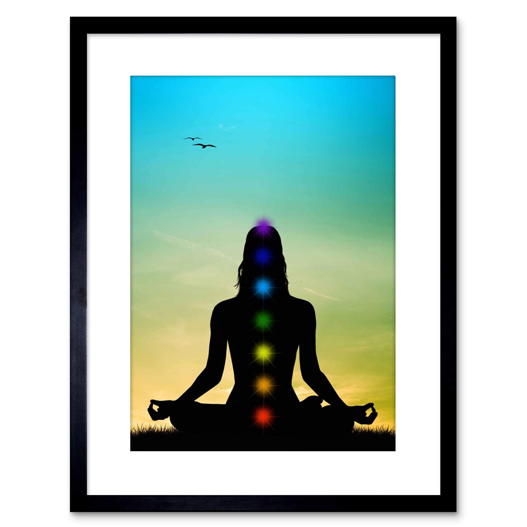 Wee Blue Coo Painting Illustration Buddhist Lotus Chakras Meditation Framed Wall Art Print