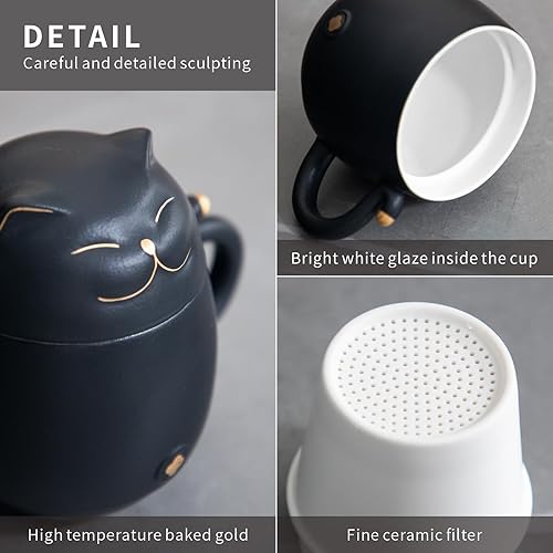 Miniatura 5 de HEER Taza de té de cerámica con infusor y tapa bonita taza de café de gato de la suerte regalo para los amantes de los gatos taza de té china de