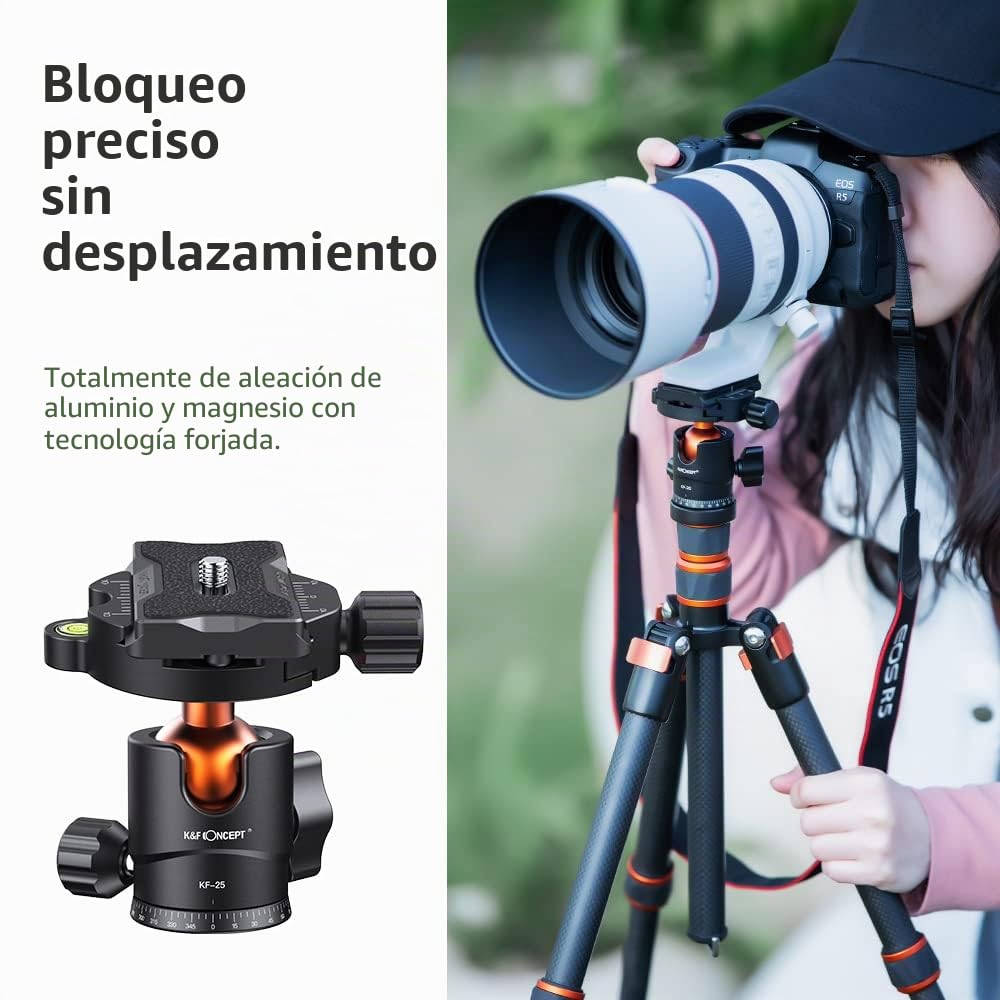 K&F CONCEPT BH-25 Cabeza de Bola de Trípode para Cámara con Placa de Liberación Rápida de 1/4'' y Nivel de Burbuja, Capacidad de Carga de 8 KG para Trípode, Monopié, Cámara