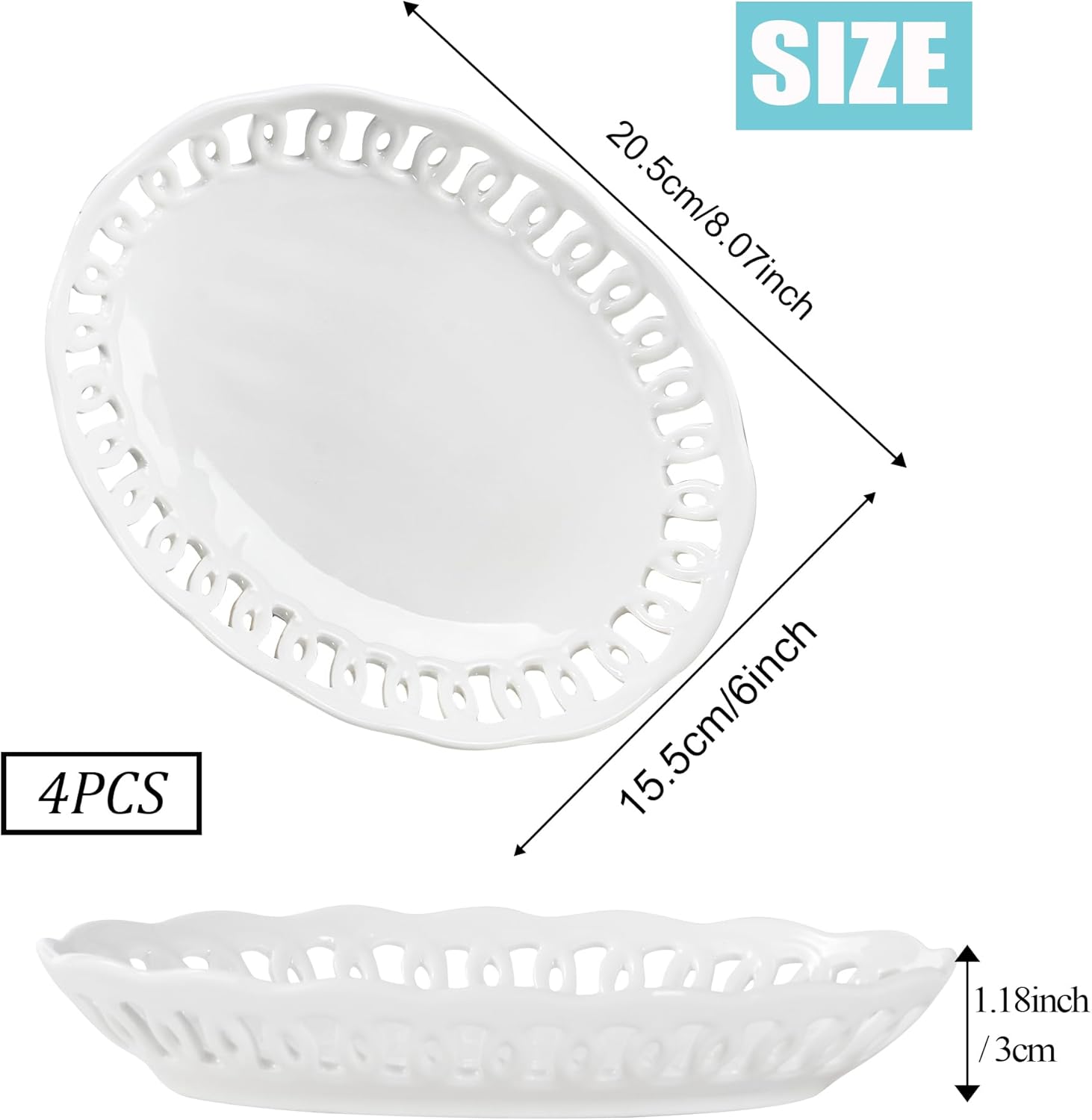 4 Pack Small Lace Serving Plates, 8" x 6" Oval Ceramic Dinner Plates for Dessert Appetizer Salad Bread Fruit Snack, Cute Side Dishes Set of 4 to Home Kitchen Party & Gift, Microwave & Dishwasher Safe
