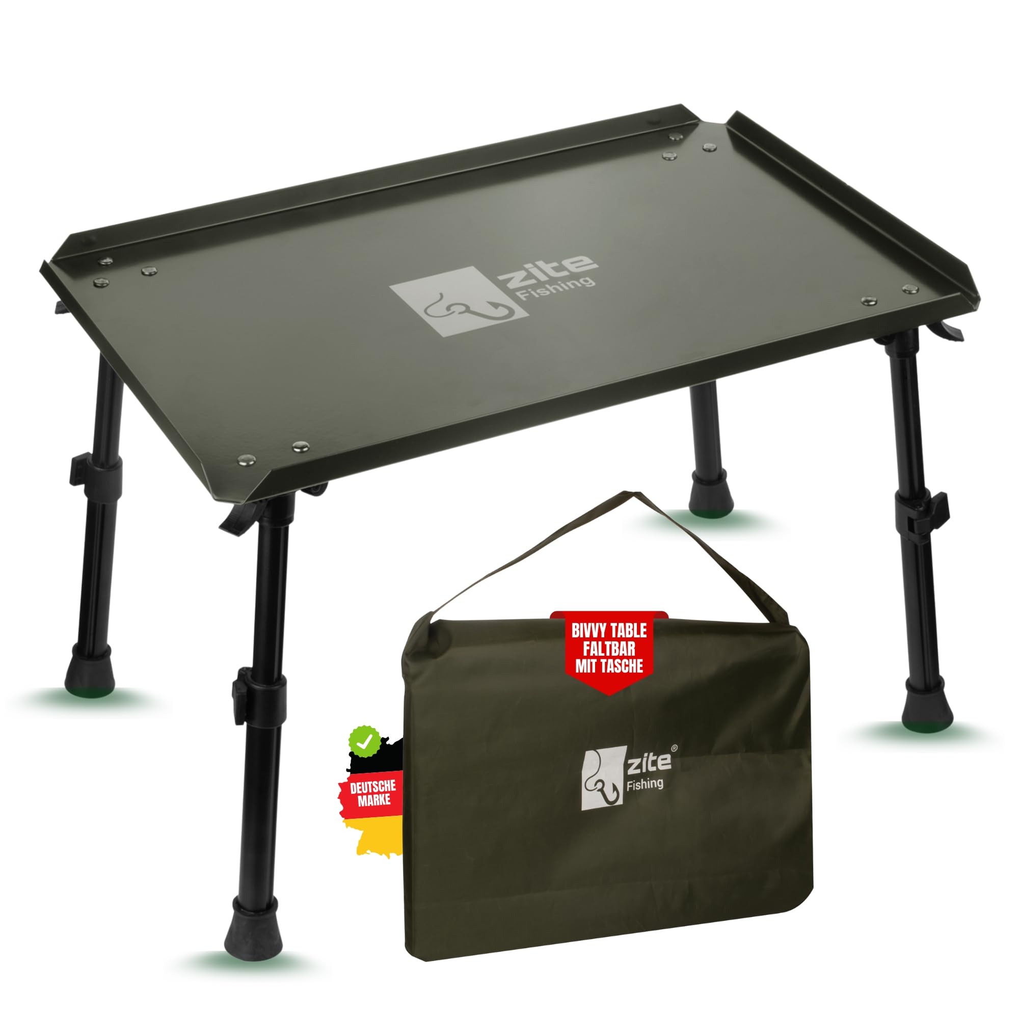 Zite Fishing Bivvy-Table Angeltisch – Zelt-Tisch mit Transport-Tasche für | Karpfen-Angler Camping & Mehr - Boilie-Table Klappbar & Höhenverstellbar