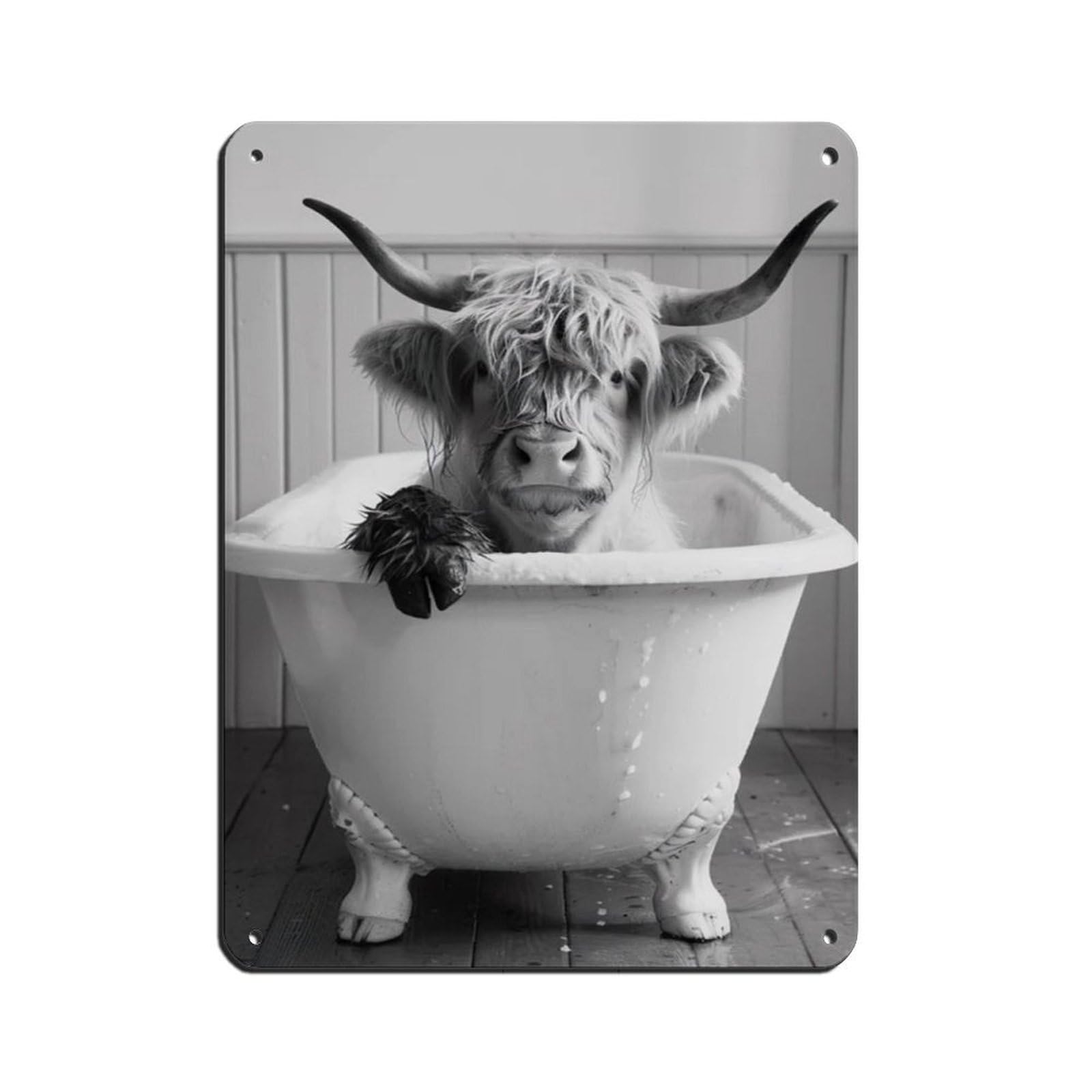 Highland Cow in The Bathtub, Funny Animal Poster Tin Sign Vintage Metal Pub Club Cafe Bar Home Wall Art Decoration Poster Retro 12x16inch(30x40cm)