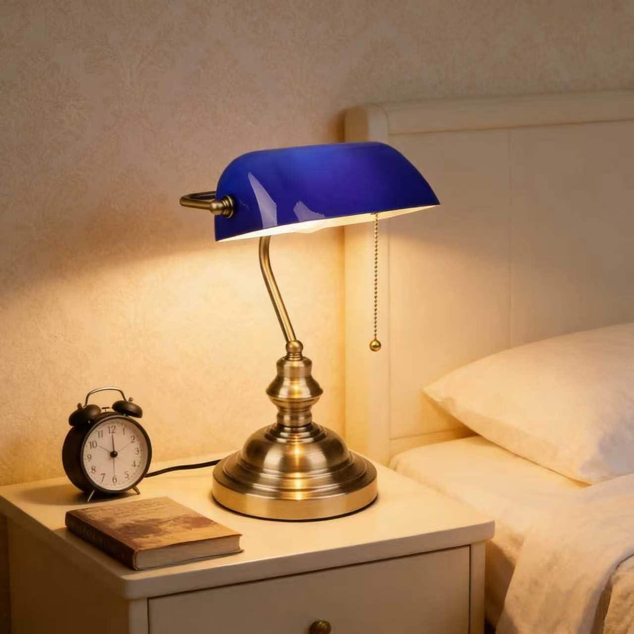 FIRVRE Lampara Escritorio Vintage con Pantalla de Cristal Azul, Interruptor de Cremallera, Ideal para la Oficina, el Estudio y el Dormitorio