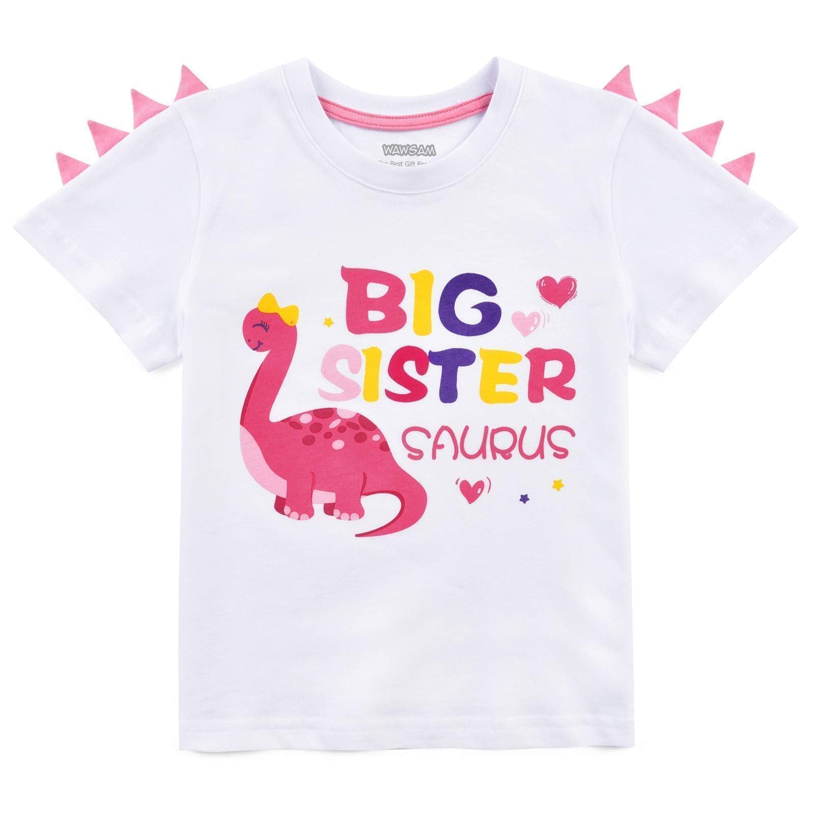WAWSAM Girl's Dinosaur Big Sister Announcement T-Shirt, White, Short Sleeve, Crew Neck, Casual, Kid Size