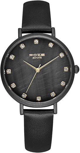 Sonata Poze Quartz Analog Black Dial PU Leather Strap Watch for Women-SP80045NL01W