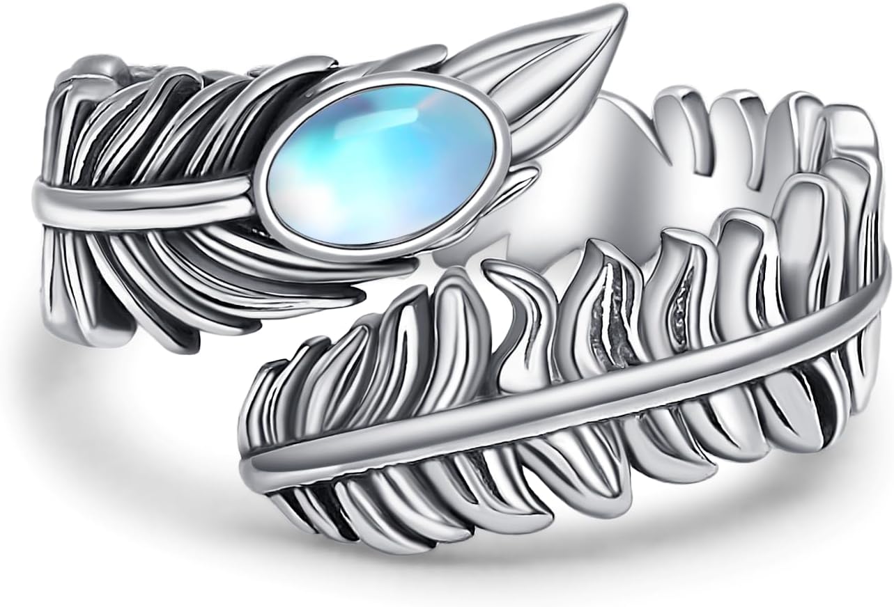 Natural Moonstone Angel Wings Ring S925 Sterling Silver Adjustable Jewelry Wrap Open Thumb Rings for Women Her