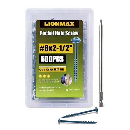LIONMAX Pocket Hole Screws #8 x 2-1/2 Inch, 600PCS Exterior Pocket Screws | Rust Resistant Blue Coated, Coarse Thread, Square Drive, Washer Head, for Outdoor Use, Self Tapping, 150MM Drive Bit Included