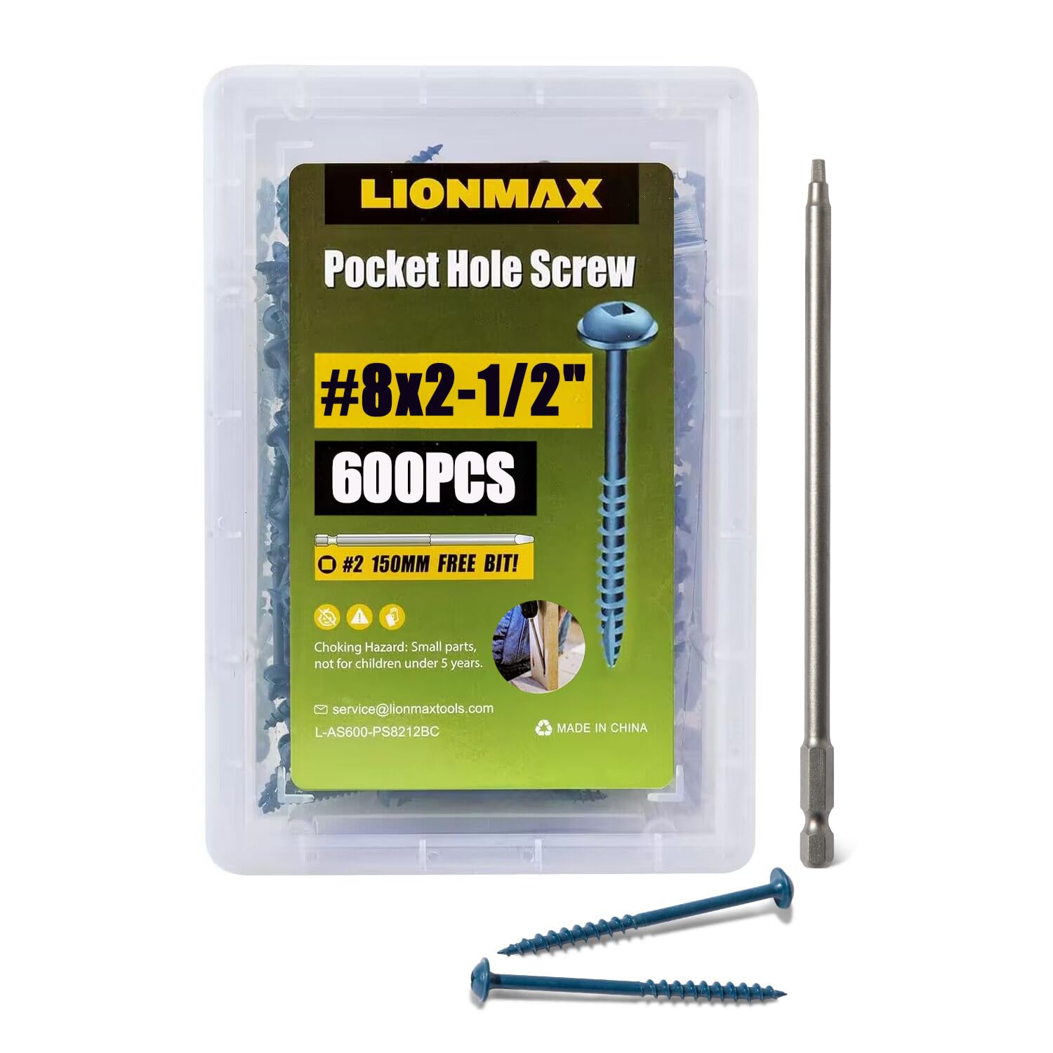 LIONMAX Pocket Hole Screws, #8 x 2-1/2" Exterior Pocket Screws 600PCS, Blue Coated for Weather Resistant, Coarse Thread, Washer Head with Square Drive