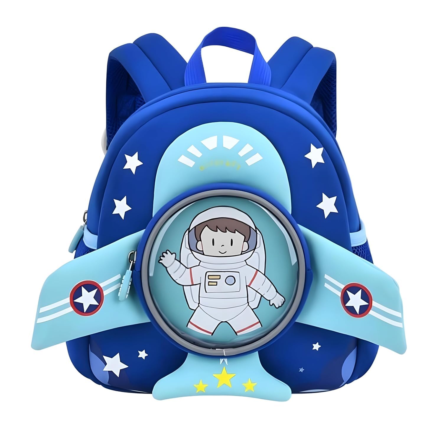 NISHCHAY ENTERPRISE Cute and Compact Space-Themed, Water Resistant, Lightweight Small Size, Mini Backpack for Preschool Explorers/Play School/Nursery Kids/Picnic Bag (Ages 2-5) (Blue/White)