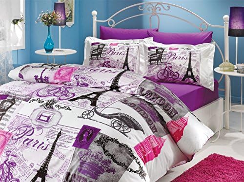 100% Cotton 7 pcs Paris Duvet Purple Full Double Size Duvet Quilt Cover Set Eiffel Vintage Theme Bedding Linens