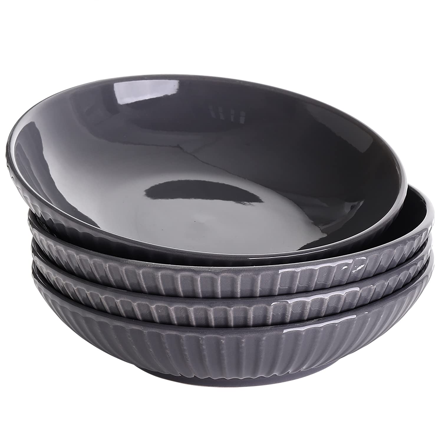 bestone Ceramic Pasta Bowl Set, For Soups and Salads, Serving Bowls, Large Capacity, Microwave & Dishwasher Safe, Set of 4, Embossed Strip Serving Bowls，40 oz，Gray