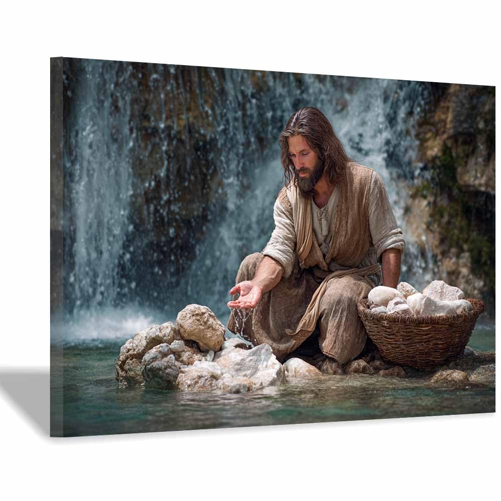 ZAMAEIU Jesus Christ Classic Painting Style Near water Religious Figure Wall Art Print,Room Decor for living room, bedroom, church, hospital(brown)-30x50cm Framed