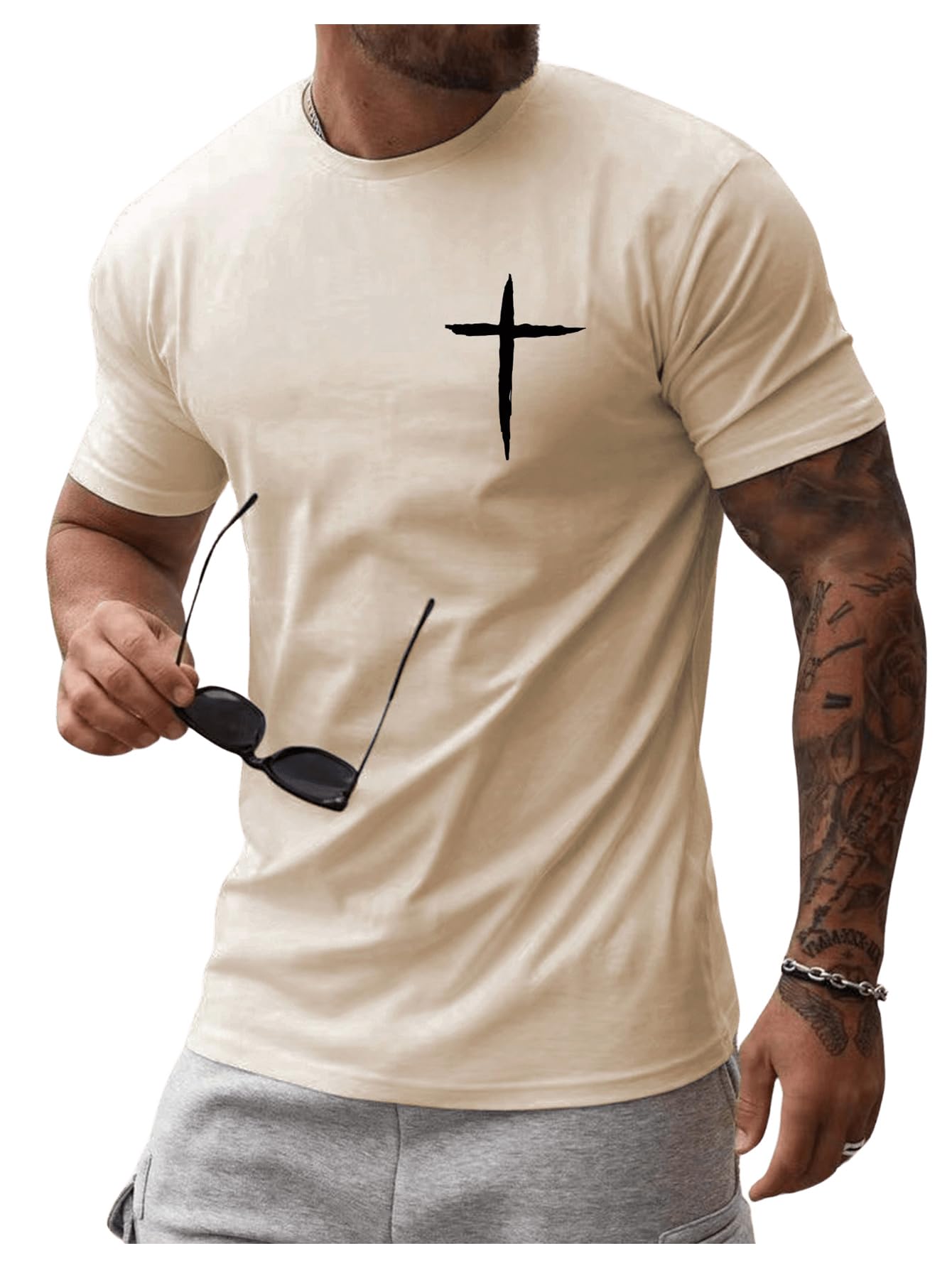 Floerns Men's Cross Print Short Sleeve T Shirt Crewneck Tee Shirts