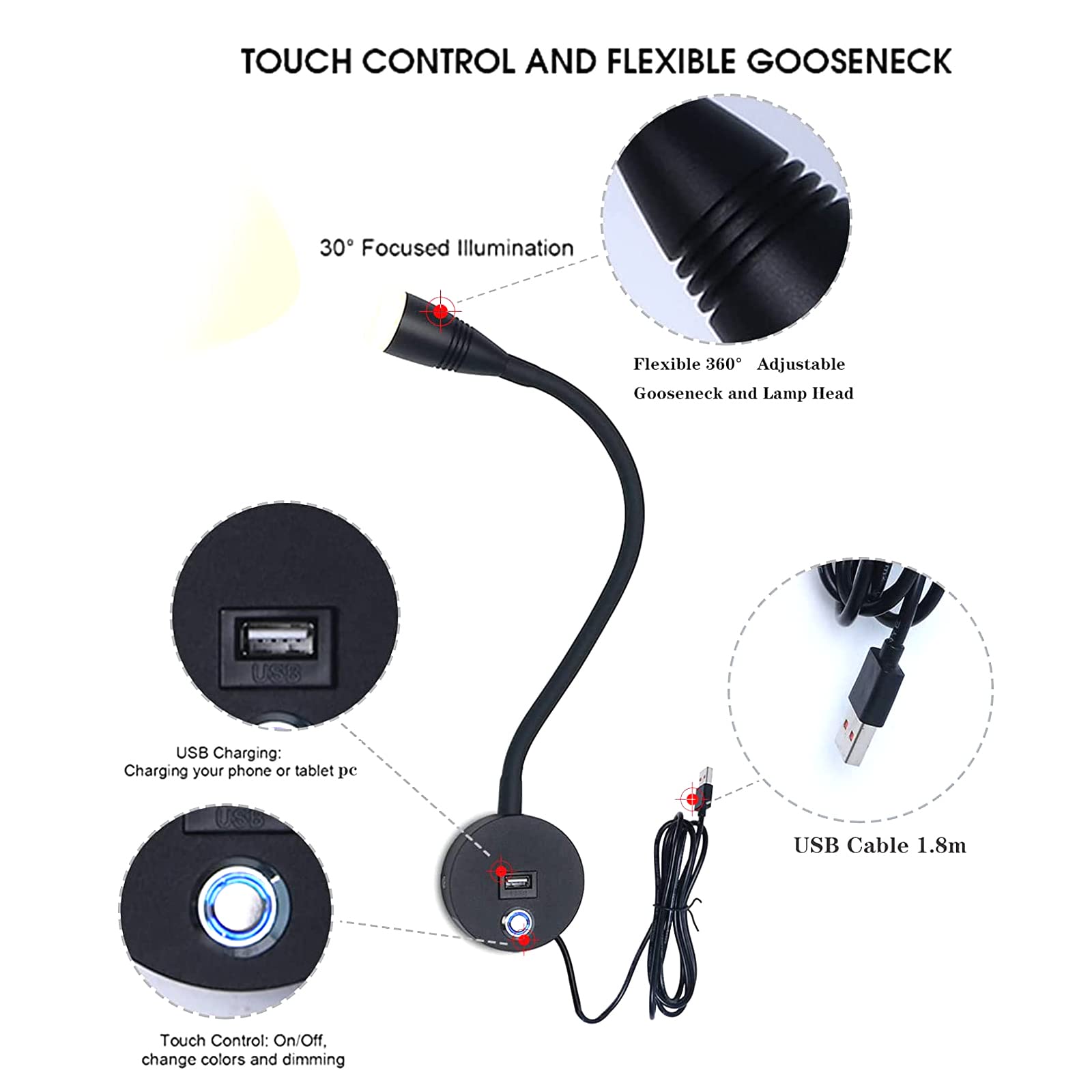 VOMI 3W LED Leselampe Bett Wandmontage Schlafzimmer Wandlampe Dimmbar mit Touch Schalter & USB Port, 2 Stück Wand-Leselampen 360° Flexible Schwanenhals Lampe Schwarz Wandspot mit USB-Stecker