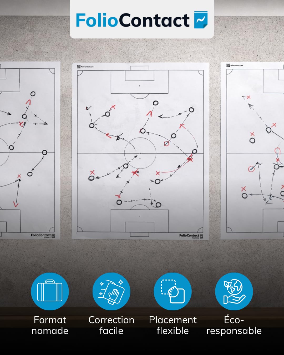 FolioContact - Tableau tactique de football - 60 x 80 cm - Film tactique statique auto-adhésif avec 25 feuilles et 2 marqueurs pour tableau - Effaçable et réinscriptible - Alternative au tableau