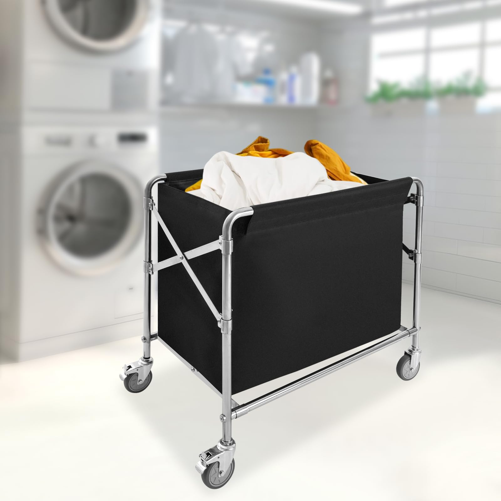 Chariot de rangement pour linge pliable en acier inoxydable avec roulettes
