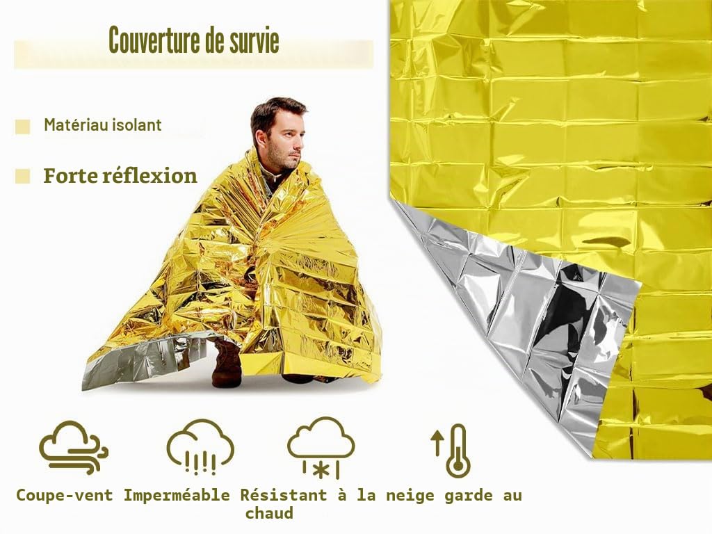 15pcs Couverture de Survie Thermique Urgence,Couverture de Survie d'urgence,Couvertures de Survie,Couverture Thermique Or Argentée,pour Camping,Randonnée,Premiers Soins,Marathons(140*210cm)