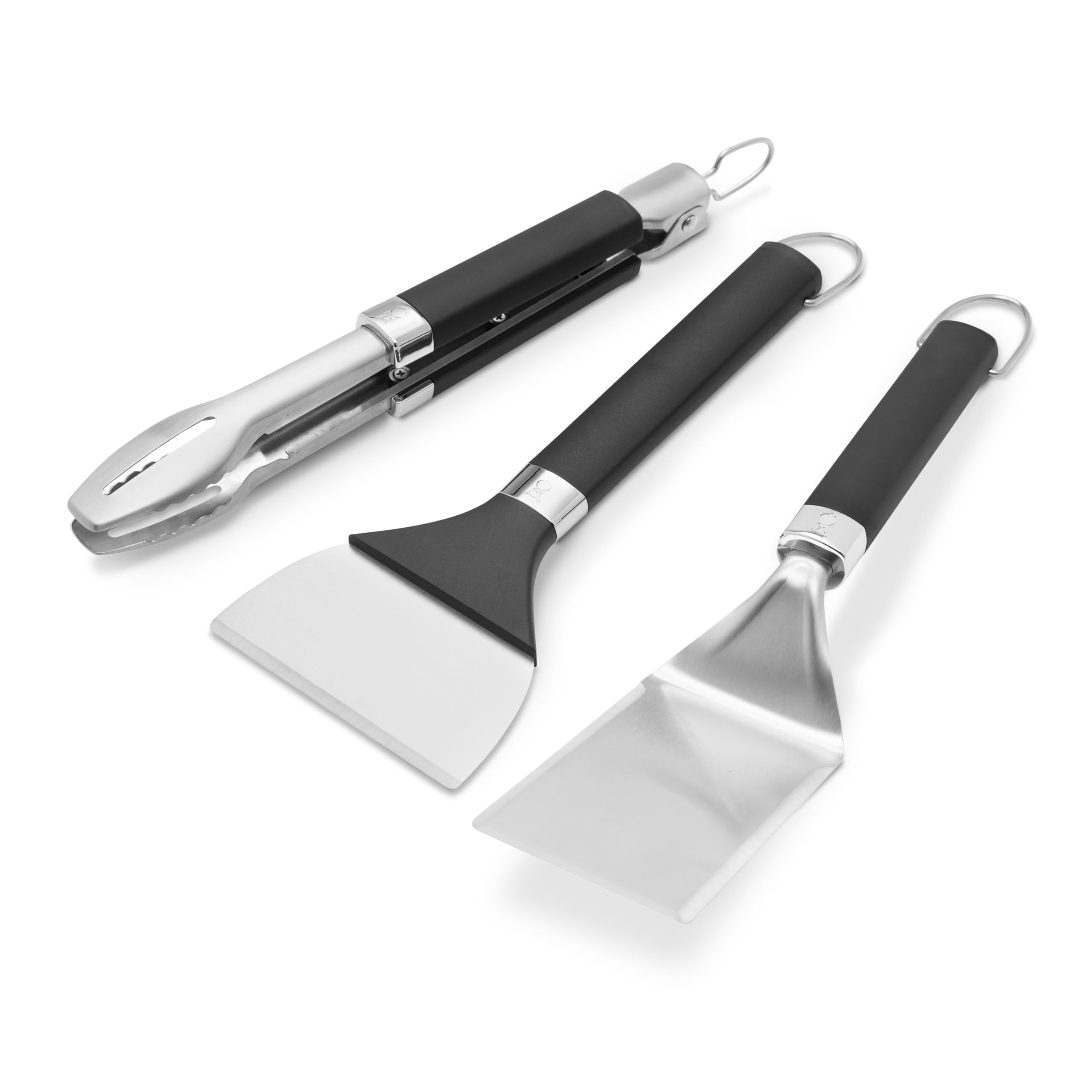 Weber Kit d'ustensiles Portable pour plancha, 3 pièces, Comprenant Une Pince, Une spatule et Un grattoir, en Acier Inoxydable, Lavable au Lave-Vaisselle - Noir/Argent (3400074)