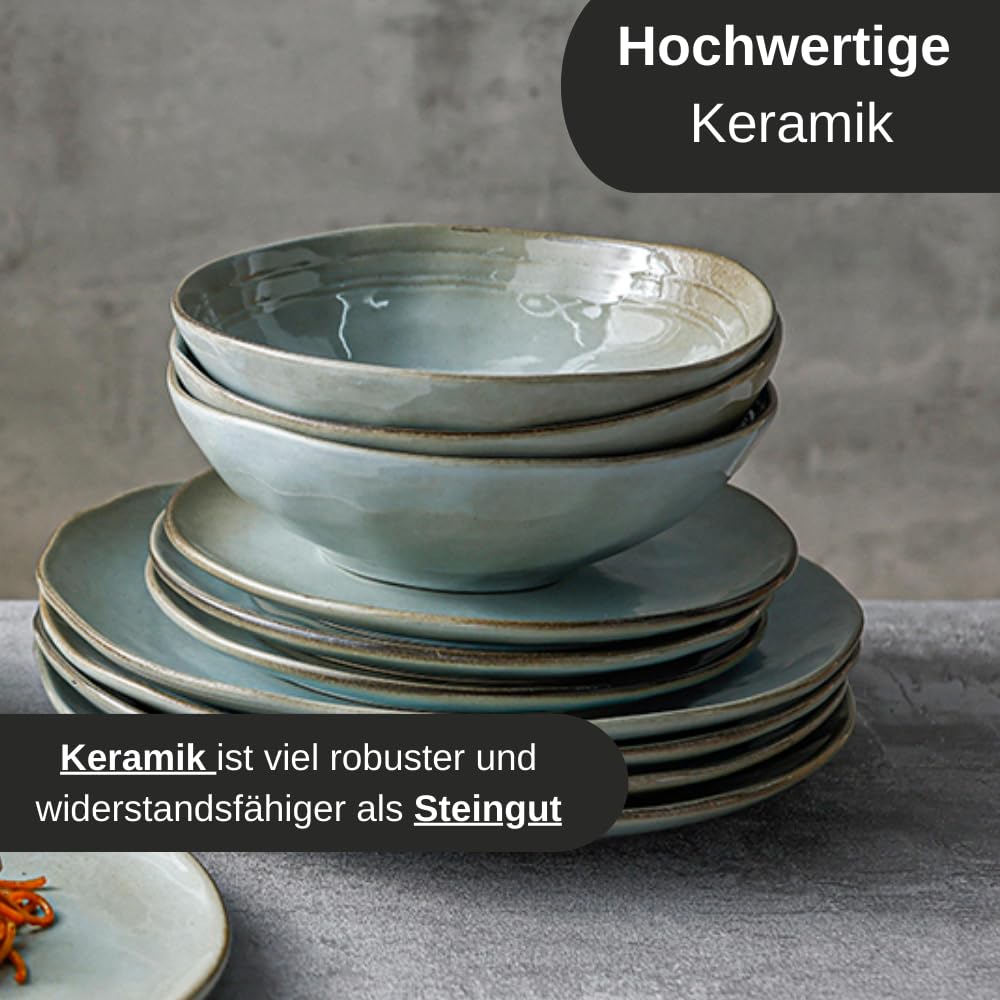 Kadum Keramische serviesset voor 4 personen, 12-delig, beige-grijs, 4 platte borden 26,5 cm, 4 pastaborden 20,5 cm, 4 ontbijtborden 21 cm, handgemaakt, vaatwasser- en magnetronbestendig