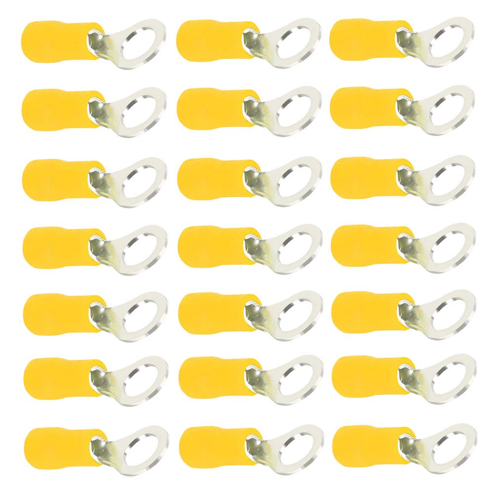 ESUPPORT 100Pcs Yellow 5/16" Copper Ring Insulated Terminals Connectors 10-12 Ga Crimp Wire Electrical Cable Kit Quick Splice M8