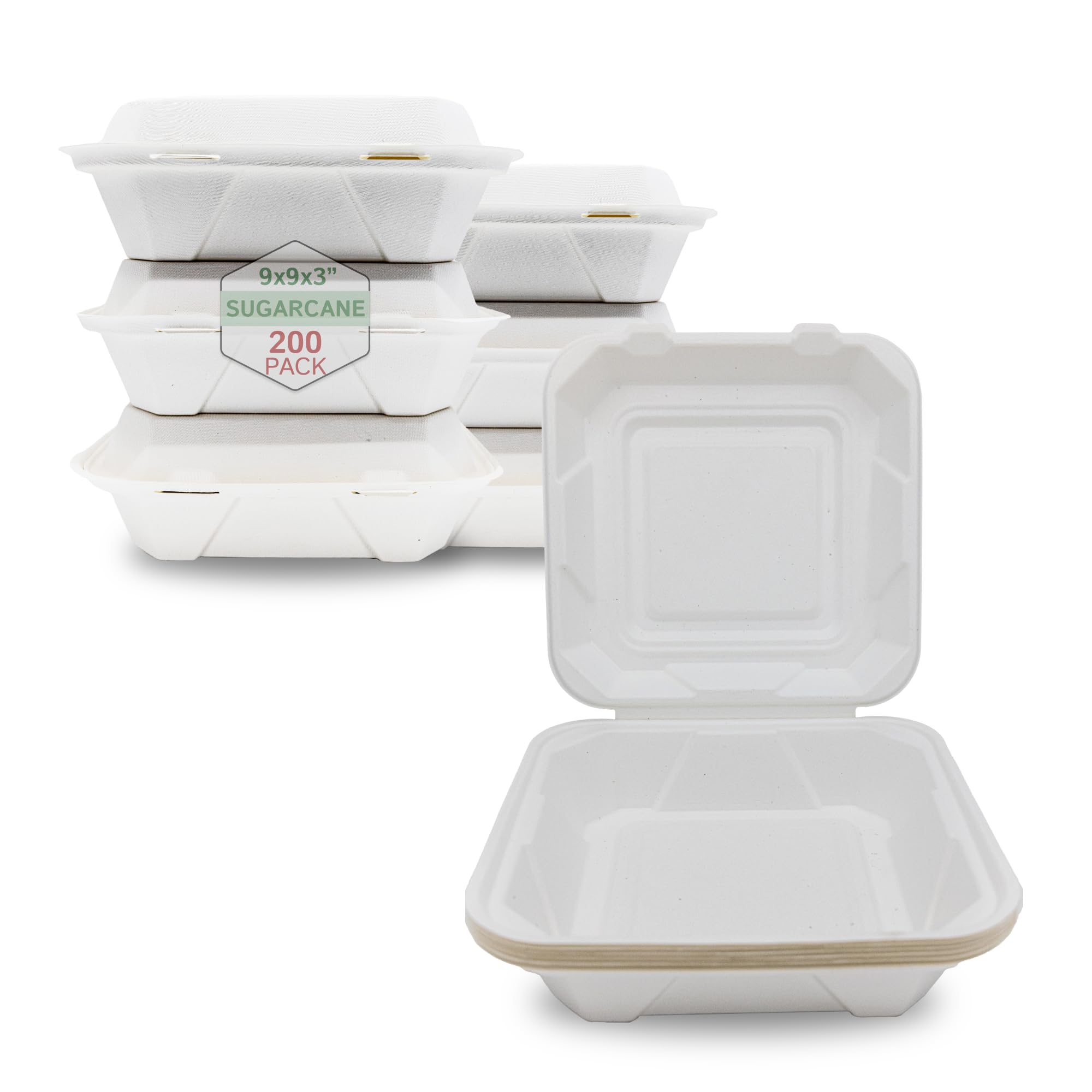 Priority1 Paper 9 x 9 Inch - 1 Compartment, 200 Pack Disposable Clamshell Take Out Food Containers, Hinged Lid, Eco Friendly Boxes for Restaurant and Events