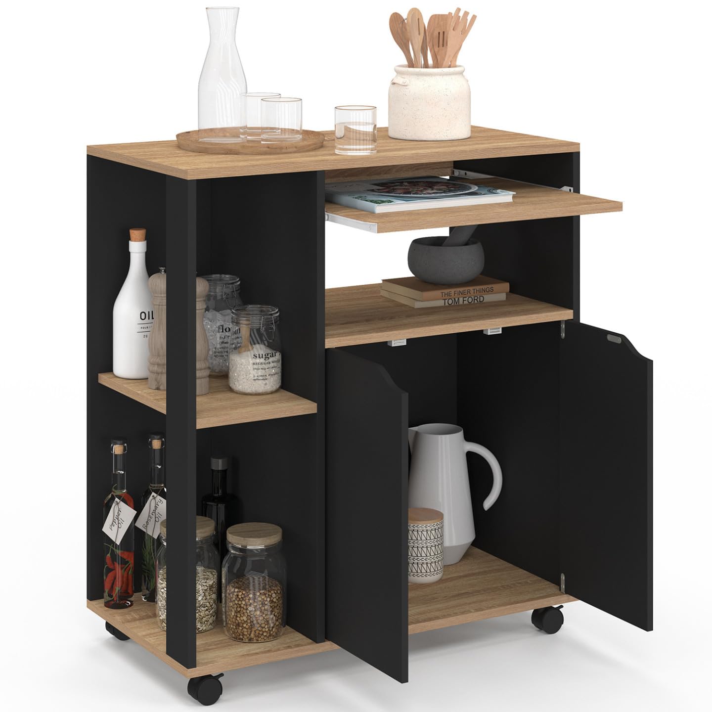 IDMarket - Desserte de cuisine COSI bois noir et plateaux façon hêtre L.76 CM