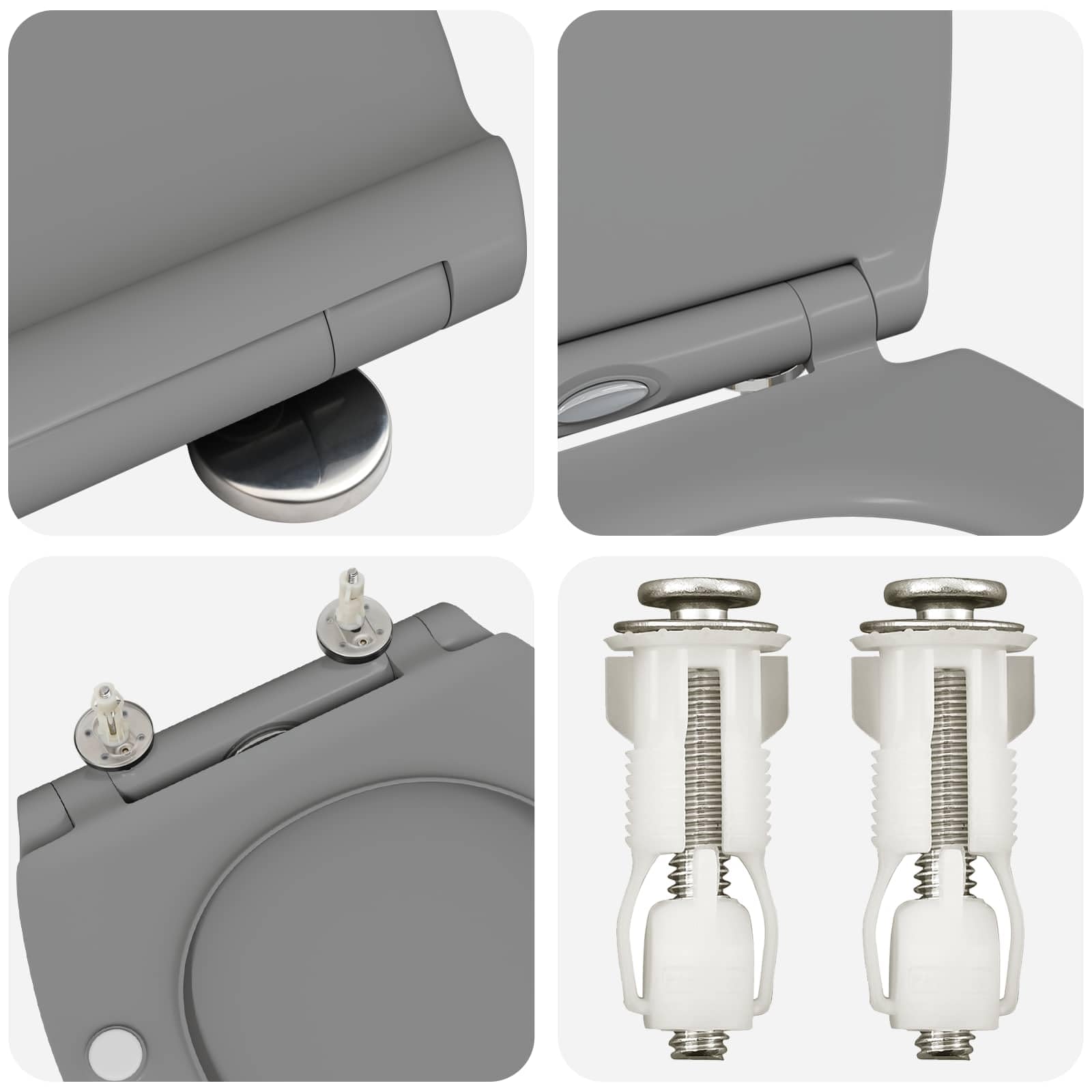 Sedile WC moderno in polipropilene grigio 47 x 37,5 x 3,8 cm, dal design sobrio e di facile montaggio per bagni interni.