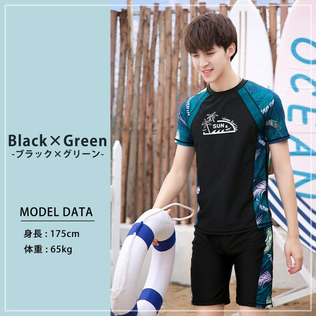 [Teddy] フィットネス水着 メンズ 半袖Tシャツラッシュガード ショートパンツ 上下セット 日焼け対策 hys2863