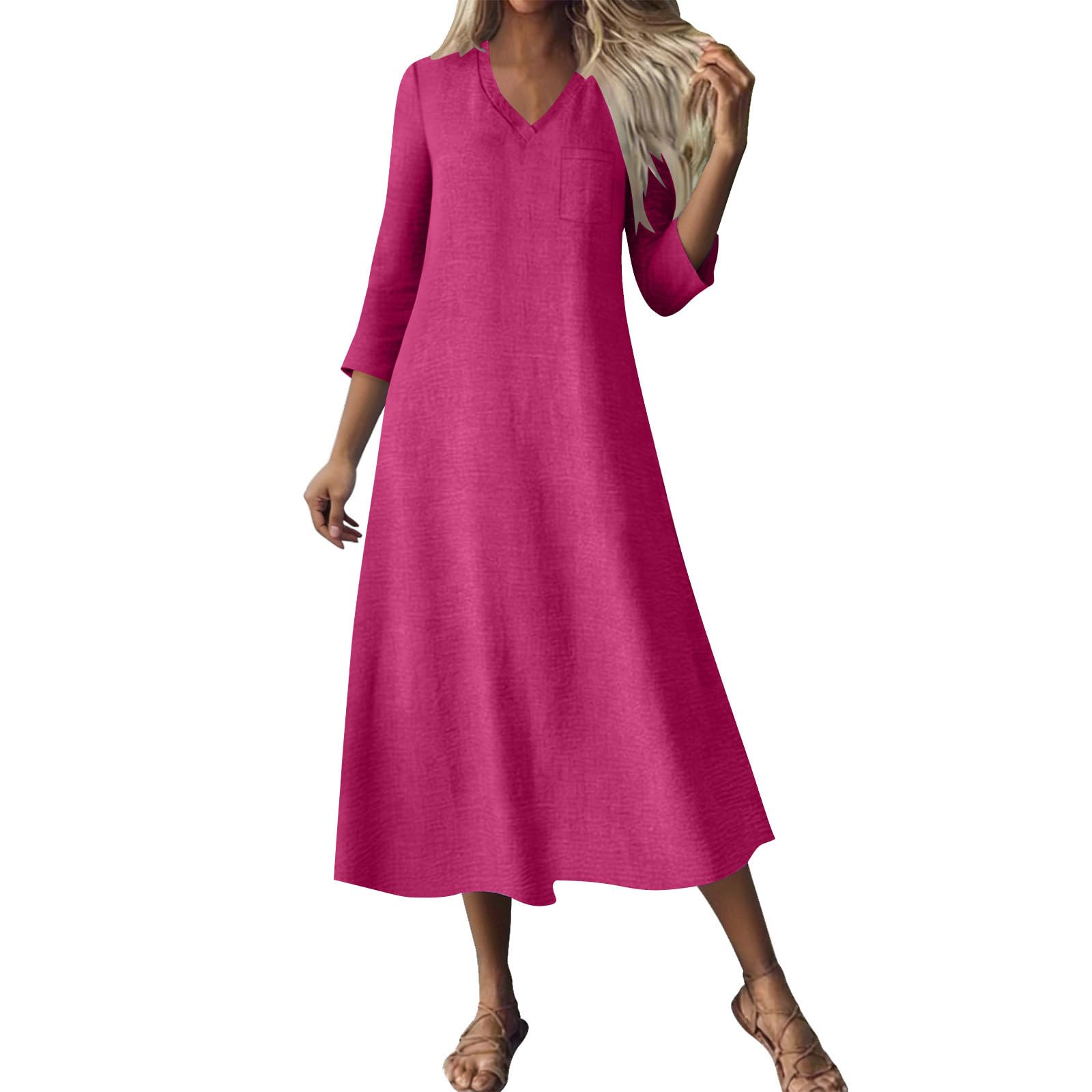 RLEHJN Maxikleider Damen Sommer,Langarm V-Ausschnitt Sommerkleid Boho Kleid Einfarbige Lang Strandkleid Leicht Und Luftig Leinenkleider Freizeitkleid Elegant Casual Kleider Baumwollkleid
