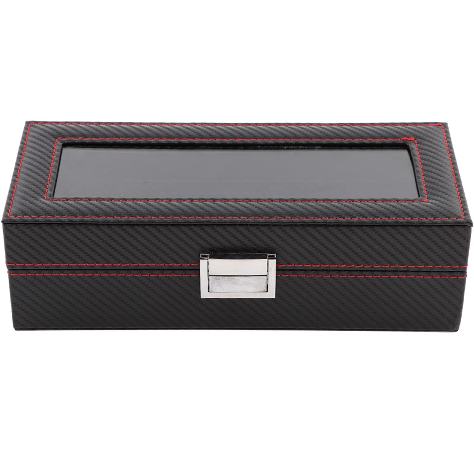Caja para relojes de 5 compartimentos, estuche para relojes de fibra de carbono con costuras rojas, organizador de joyería de viaje para hombres y mujeres, almacena 5 relojes de