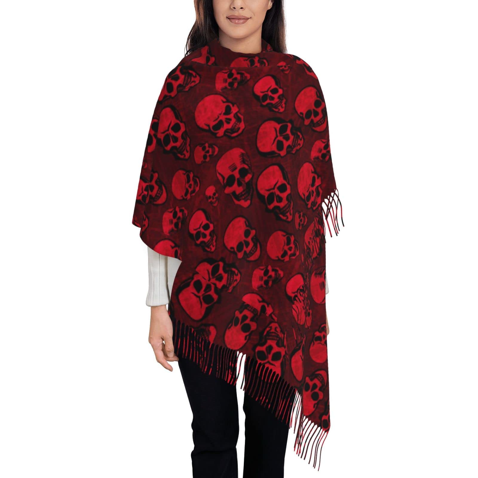 Aseelo Unisex Red Skulls Women Scarf - Winter Long Pashmina Scarves Warm Wraps Ladies Tassel Stole Blanket