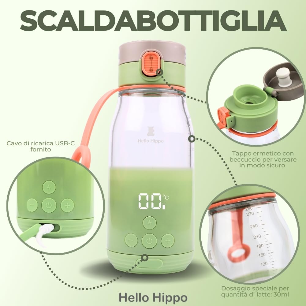 Scaldabiberon Nomade 300 ml – Senza fili, batteria ricaricabile USB, auto – temperatura regolabile 37 – 50 °C con mantenimento al caldo – Graduazione 30 ml – ideale per latte e acqua in viaggio