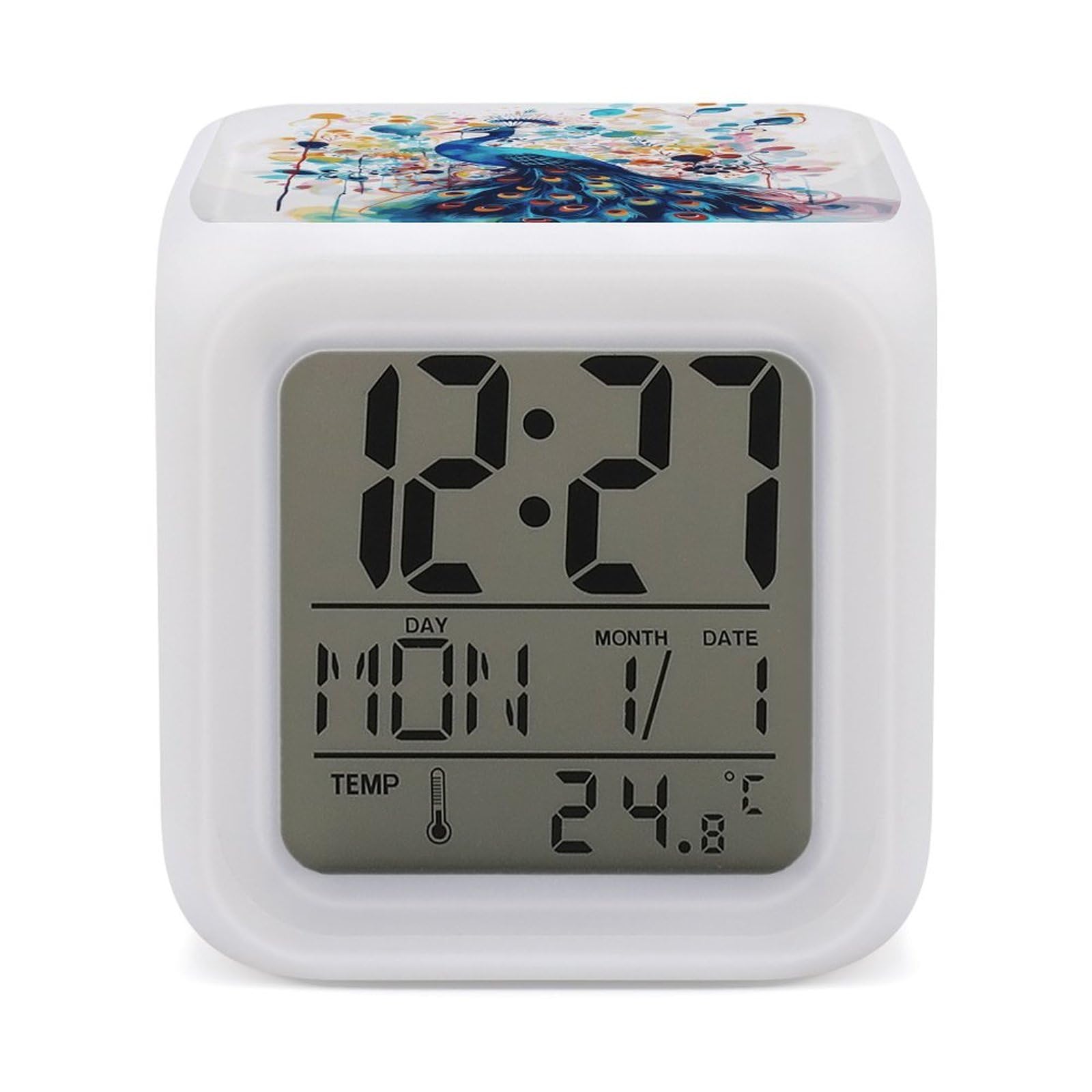 FekiLoot Color Peacock Alarm Clock 7 LED Color Changing Wake Up Clock Digital Alarm Clocks with Snooze Digital Bedside Clocks with Night Light for Home Office Or Dorm