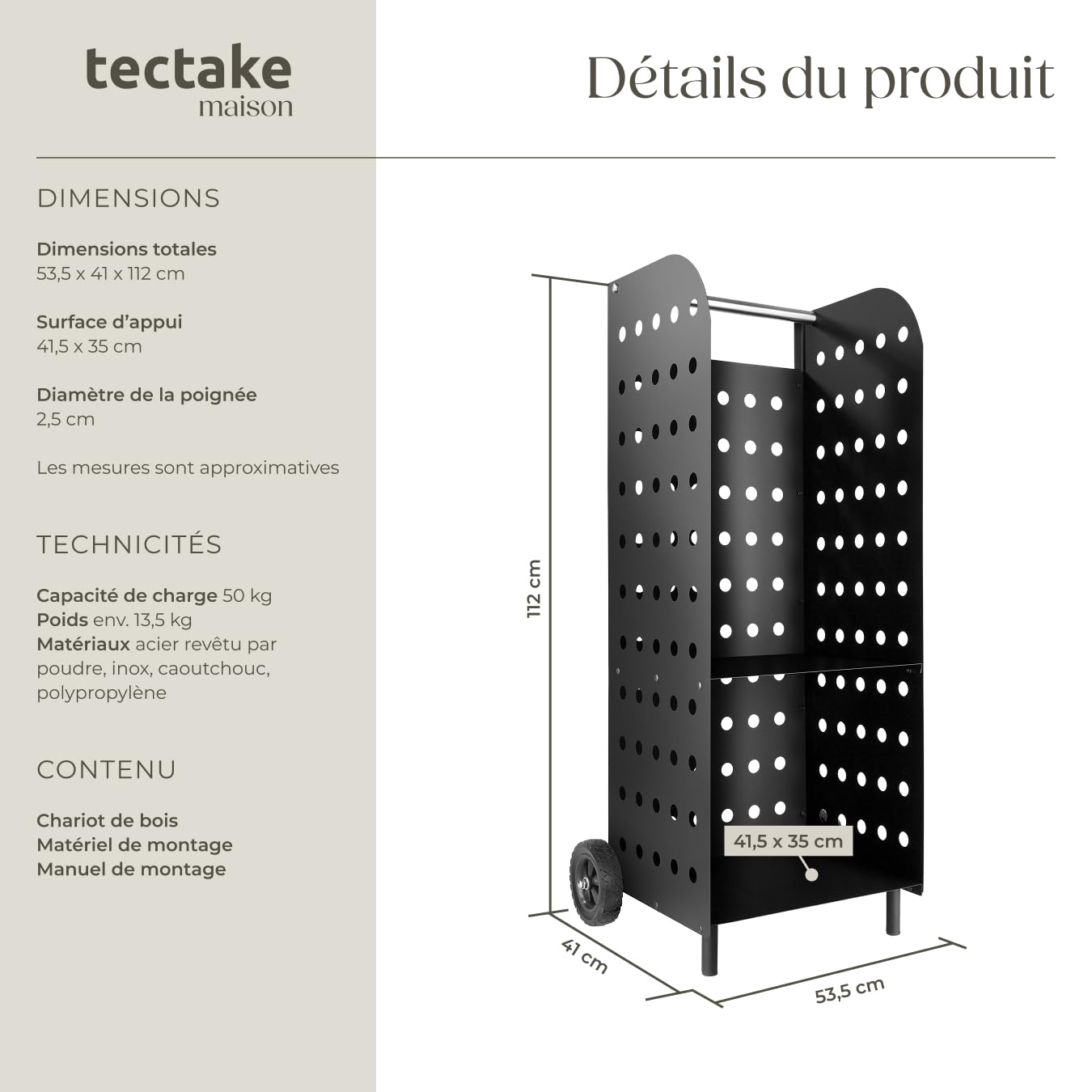 TecTake® Chariot à Bois à Roulettes - Range-Bûches Intérieur - Étagère pour Bois de Chauffage 53,5x41x112 cm - Accessoires pour Cheminée