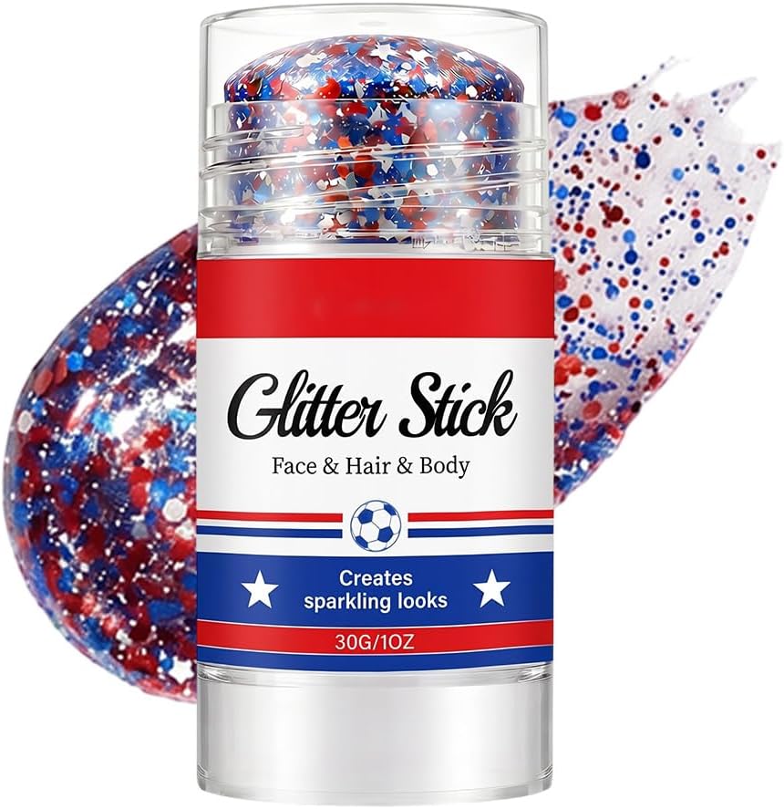 4th of July Glitter Stick, 2026 New Patriotic Hair Face Body Glitter Stick for Independence Memorial Day, Red White and Blue Body Glitter Stick Fourth of July Accessories Outfits for Women (A*3 PCS)