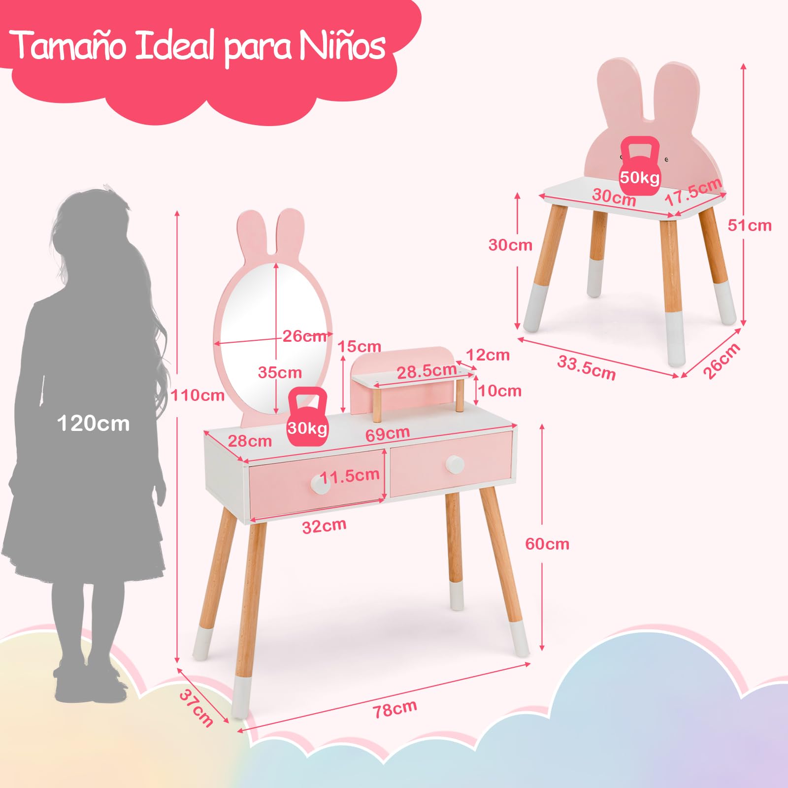 RELAX4LIFE 2 en 1 Tocador de Maquillaje para Niña con Espejo Extraíble y Taburete, Tocador Niña con 2 Cajones y 3 Accesorios, Maquillaje Niñas, Tocador Infantil de Madera para Niños 3-7 Años (Rosa)