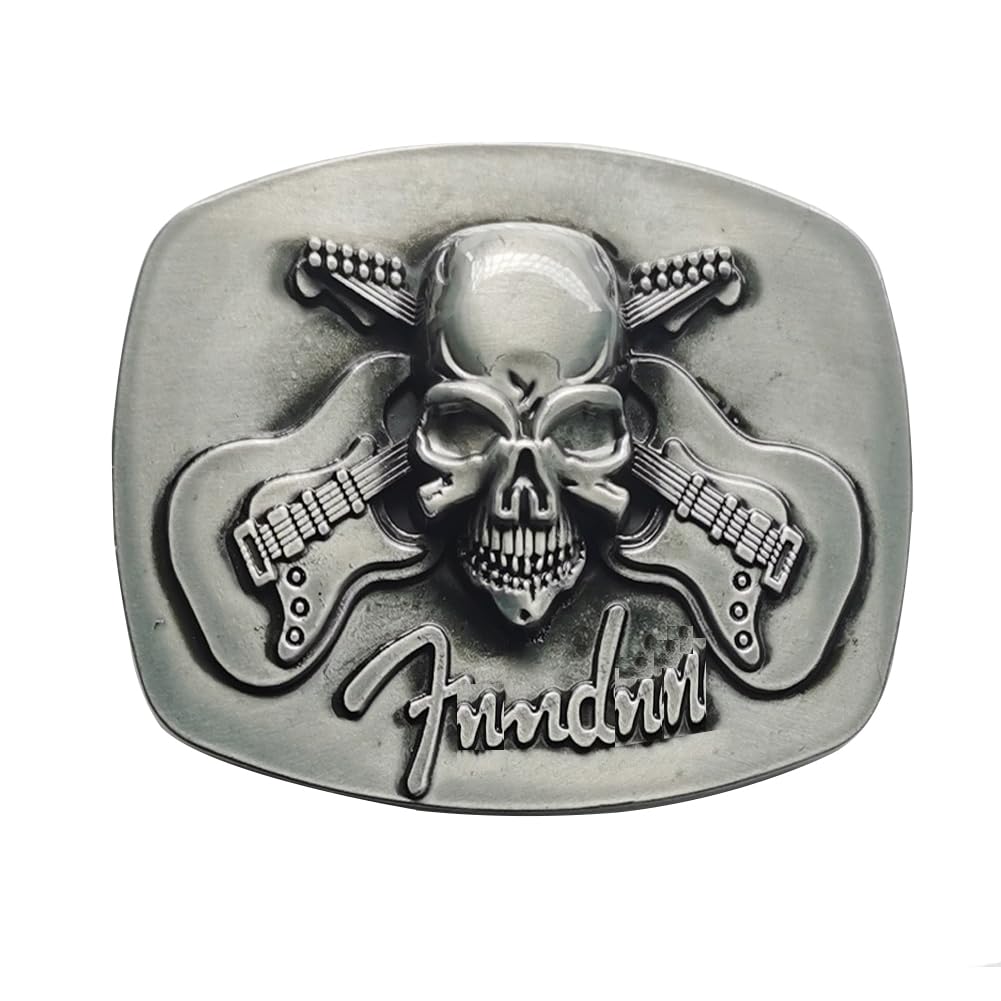Unisex Silver 通用 Mens Belt Buckle, 3D Skull Rock Music Guitar Belt Buckle,Western Cowboy Vintage Punk