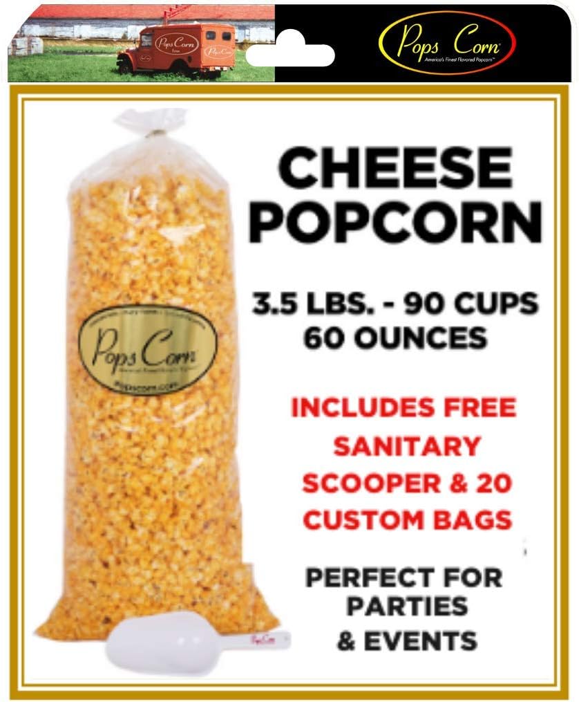 Pops Corn® - Gourmet Cheese Popcorn Bulk/Wholesale 5 Gal 90 Cups 60 Oz - Free SANITARY scooper & 20 bags included. Fresh and Delicious