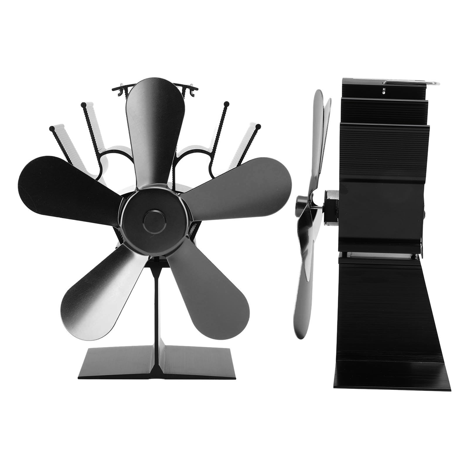 Ventilatore per stufa a legna a 5 pale, alimentato a calore, per caminetto, ideale per stufe a legna e a pellet. Funzionamento silenzioso, risparmio energetico. Lega di allu (Nera)