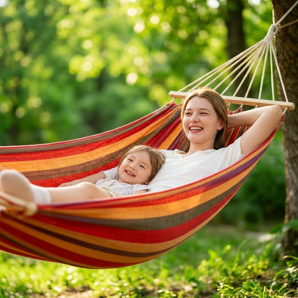 Hamac Extérieur Pliable, Toile Hamac Double avec Support à Barre Transversale, pour Camping & Pique-Nique, Toile épaisse 300G pour la santé et la sécurité
