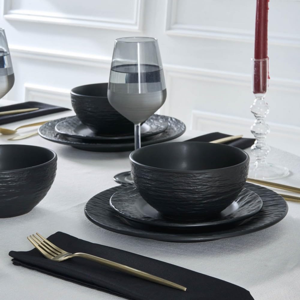 Karaca Solem Embossed Ensemble de Assiette et de Bols en Grès, Service de Table Noir, Vaisselle en Grès, Vaisselle Idéale pour les Repas de 6 Personnes, 18 pièces
