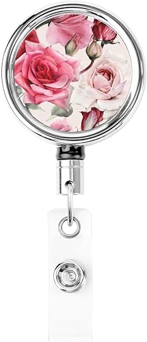 Carretes retráctiles de rosa rosa, bonito soporte para tarjetas de identificación con clip giratorio de 360 grados, carrete de clip de insignia de