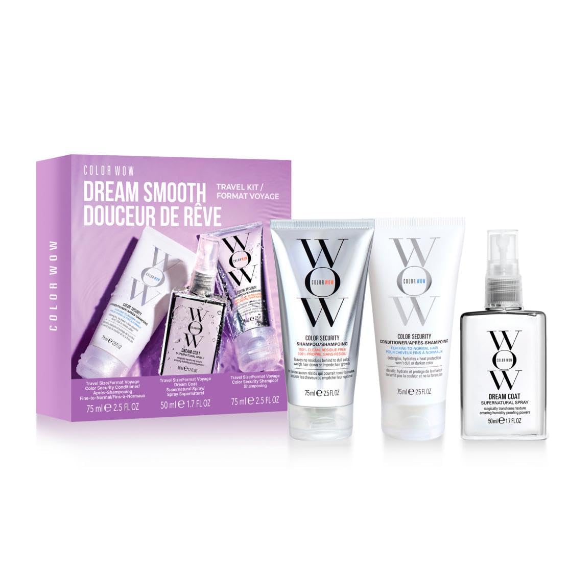 Color Wow, Dream Smooth Discovery Set, Cofanetto con Shampoo, Conditioner e Spray, Trattamenti Capillari, Deterge e Nutre i Capelli Secchi e Ribelli, 75ml + 75ml + 50ml